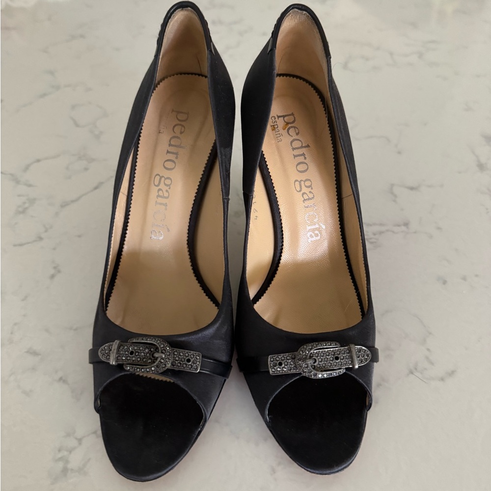 Pedro Garcia Dark Blue Buckle Peep-Toe Heels